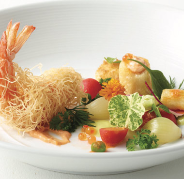 Kataifi prawn, scallop, and spring vegetable salad.