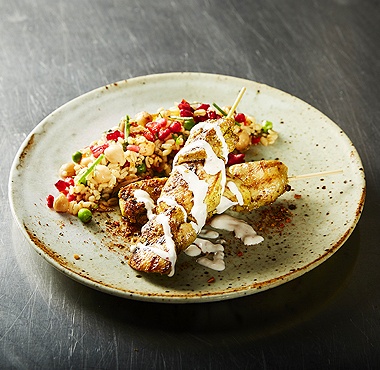 Burghal and Pomegranate Salad with Chargrilled Chicken and Yoghurt Sauce